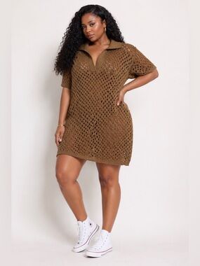 PrettyLittleThing Brown Open-Knit Polo Maxi Dress